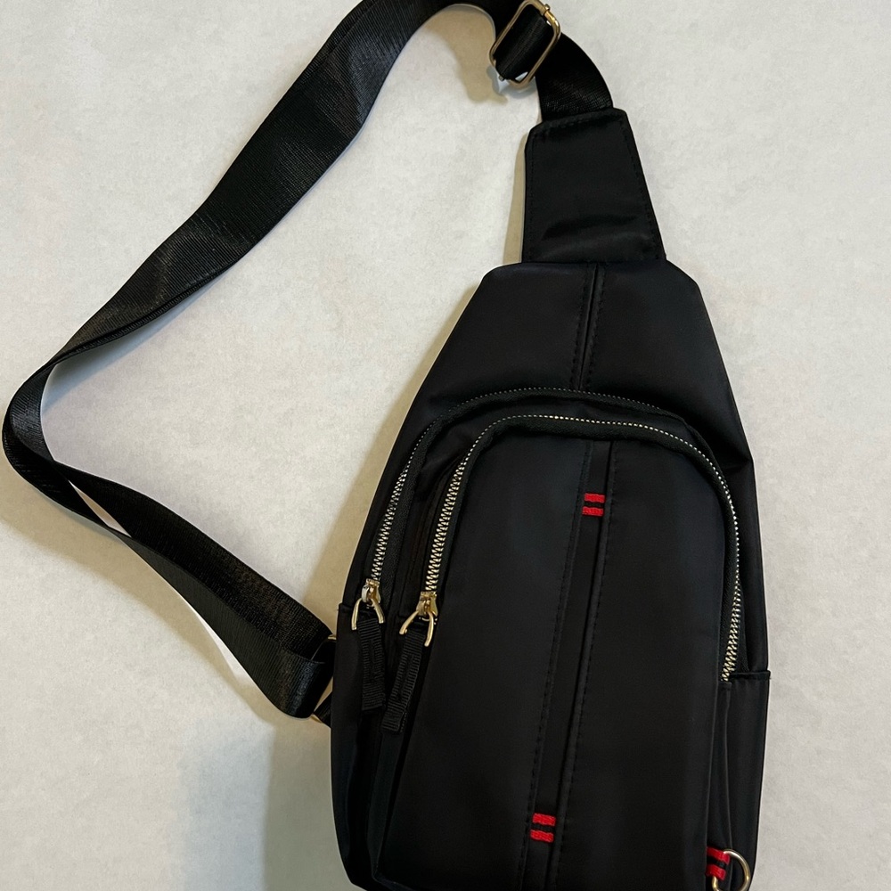 Elegant Black Crossbody Sling One Shoulder Bag with Red Accents